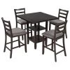 5-Piece Wooden Counter Height Dining Set, Square Dining Table with 2-Tier Storage Shelving and 4 Padded Chairs, Espresso by ANBAZAR