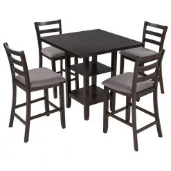 5-Piece Wooden Counter Height Dining Set, Square Dining Table with 2-Tier Storage Shelving and 4 Padded Chairs, Espresso by ANBAZAR