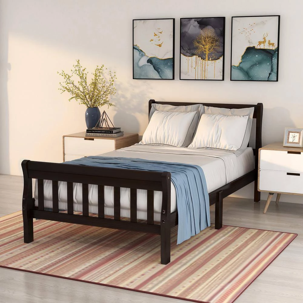 Espresso Twin Size Wood Platform Bed with Headboard and Footboard, Sturdy Sleigh Panel Bed Frame with Wood Slats by ANBAZAR 2 Espresso Twin Size Wood Platform Bed with Headboard and Footboard, Sturdy Sleigh Panel Bed Frame with Wood Slats by ANBAZAR - Image 2