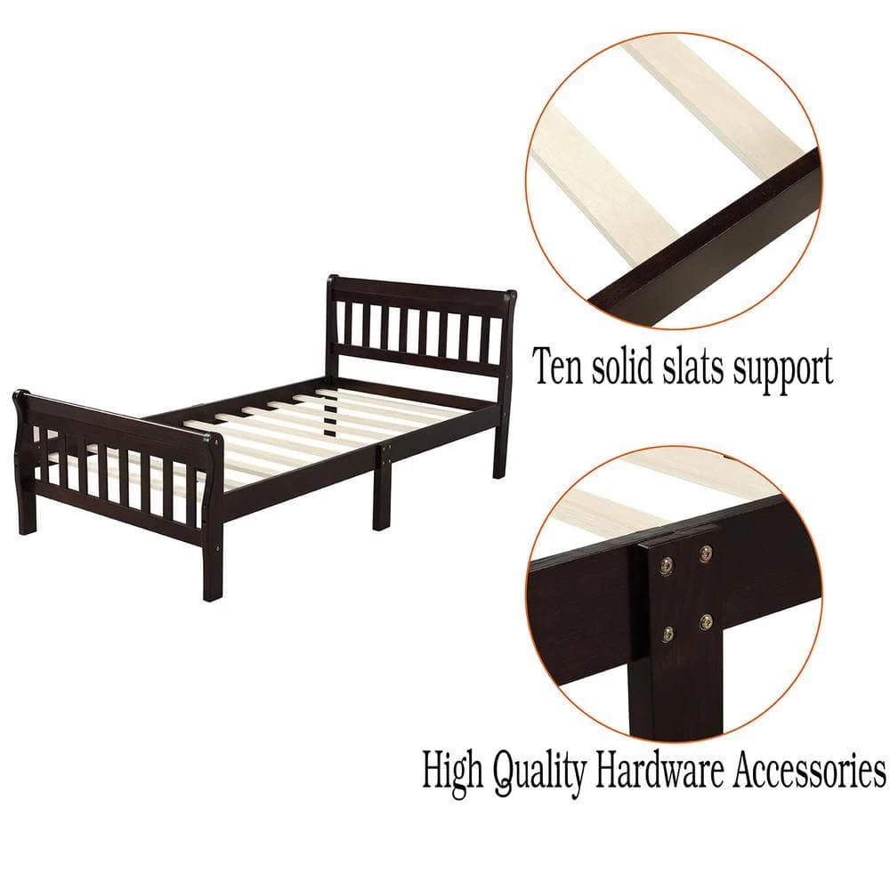 Espresso Twin Size Wood Platform Bed with Headboard and Footboard, Sturdy Sleigh Panel Bed Frame with Wood Slats by ANBAZAR 7 Espresso Twin Size Wood Platform Bed with Headboard and Footboard, Sturdy Sleigh Panel Bed Frame with Wood Slats by ANBAZAR - Image 7