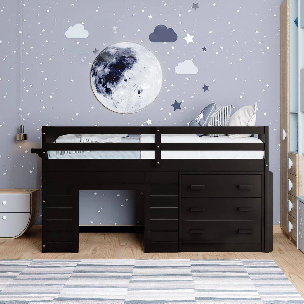 Twin Size White Wood Farmhouse Loft Bed with Storage Drawers, Low Kid Loft Bed Frame with Cabinet by ANBAZAR 3 Twin Size White Wood Farmhouse Loft Bed with Storage Drawers, Low Kid Loft Bed Frame with Cabinet by ANBAZAR - Image 3