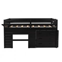 Twin Size White Wood Farmhouse Loft Bed with Storage Drawers, Low Kid Loft Bed Frame with Cabinet by ANBAZAR