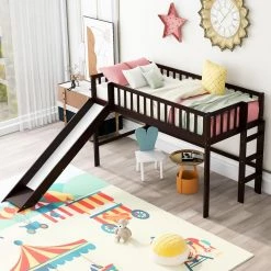 Espresso Modern Twin Size Low Loft Bed with Slide, Wood Kids Loft Bed Frame with Ladder and Rails, No Box Spring Needed by ANBAZAR