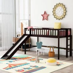 Espresso Modern Twin Size Low Loft Bed with Slide, Wood Kids Loft Bed Frame with Ladder and Rails, No Box Spring Needed by ANBAZAR -ANBAZAR Sales espresso anbazar loft beds 01737anna p c3 1000