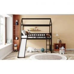 Espresso Twin Size Wood House Loft Bed Frame with Slide and Ladder, Kids Playhouse Loft Bed with Headboard and Footboard by ANBAZAR -ANBAZAR Sales espresso anbazar loft beds 01806anna p 31 1000