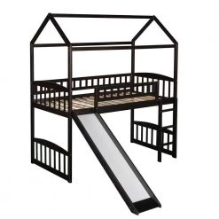 Espresso Twin Size Wood House Loft Bed Frame with Slide and Ladder, Kids Playhouse Loft Bed with Headboard and Footboard by ANBAZAR -ANBAZAR Sales espresso anbazar loft beds 01806anna p 44 1000