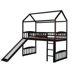 Espresso Twin Size Wood House Loft Bed Frame with Slide and Ladder, Kids Playhouse Loft Bed with Headboard and Footboard by ANBAZAR -ANBAZAR Sales espresso anbazar loft beds 01806anna p 4f 1000