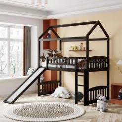 Espresso Twin Size Wood House Loft Bed Frame with Slide and Ladder, Kids Playhouse Loft Bed with Headboard and Footboard by ANBAZAR