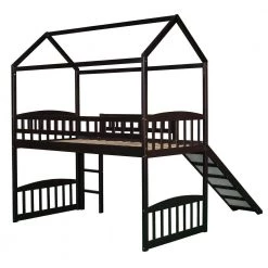 Espresso Twin Size Wood House Loft Bed Frame with Slide and Ladder, Kids Playhouse Loft Bed with Headboard and Footboard by ANBAZAR -ANBAZAR Sales espresso anbazar loft beds 01806anna p 76 1000