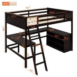 Espresso Full Size Wood Loft Bed Frame with Bookshelves and L-shaped Desk, Full Kids Wood Loft Bed with Inclined Ladder by ANBAZAR -ANBAZAR Sales espresso anbazar loft beds 02105anna p 1f 1000