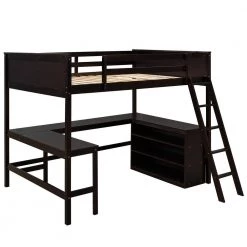 Espresso Full Size Wood Loft Bed Frame with Bookshelves and L-shaped Desk, Full Kids Wood Loft Bed with Inclined Ladder by ANBAZAR -ANBAZAR Sales espresso anbazar loft beds 02105anna p 4f 1000