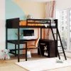 Espresso Full Size Wood Loft Bed Frame with Bookshelves and L-shaped Desk, Full Kids Wood Loft Bed with Inclined Ladder by ANBAZAR