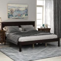 Queen Size Espresso Bed Frame with Headboard, Wood Queen Size Platform Frame, No Box Spring Needed by ANBAZAR -ANBAZAR Sales espresso anbazar platform beds 00086anna 31 1000
