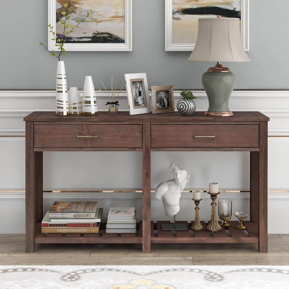 Espresso Farmhouse Console Table Sofa Table with Drawers and Shelf, Living Room Narrow Entryway Table Hallway Table by ANBAZAR 2 Espresso Farmhouse Console Table Sofa Table with Drawers and Shelf, Living Room Narrow Entryway Table Hallway Table by ANBAZAR - Image 2