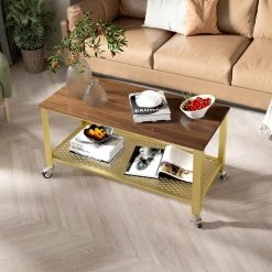 2-Tier Gold Coffee Table with Wheels and Mesh Shelf by ANBAZAR 15 2-Tier Gold Coffee Table with Wheels and Mesh Shelf by ANBAZAR -ANBAZAR Sales gold anbazar coffee tables d 001292 j 1f 1000