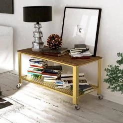 2-Tier Gold Coffee Table with Wheels and Mesh Shelf by ANBAZAR 16 2-Tier Gold Coffee Table with Wheels and Mesh Shelf by ANBAZAR -ANBAZAR Sales gold anbazar coffee tables d 001292 j 44 1000