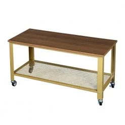 2-Tier Gold Coffee Table with Wheels and Mesh Shelf by ANBAZAR