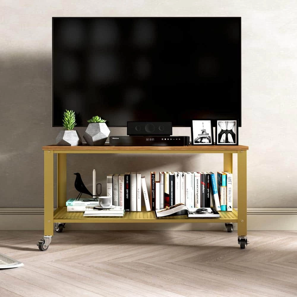 2-Tier Gold Coffee Table with Wheels and Mesh Shelf by ANBAZAR 4 2-Tier Gold Coffee Table with Wheels and Mesh Shelf by ANBAZAR - Image 4