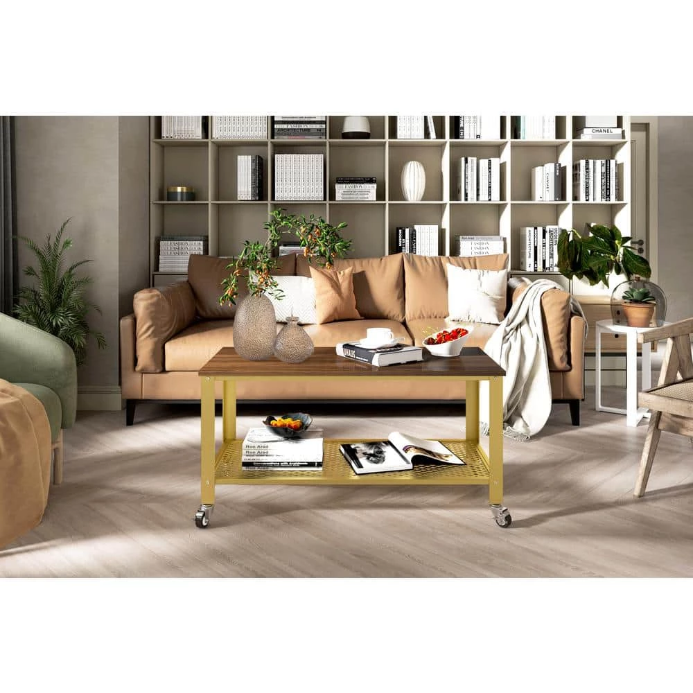 2-Tier Gold Coffee Table with Wheels and Mesh Shelf by ANBAZAR 2 2-Tier Gold Coffee Table with Wheels and Mesh Shelf by ANBAZAR - Image 2
