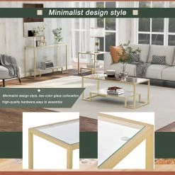 Modern 3-Piece Table Sets, Metal with Stained White Tempered Glass, 2-Tier End Table + Side Table + Coffee Table, Gold by ANBAZAR -ANBAZAR Sales gold anbazar end side tables d 001261 w 1f 1000