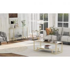 Modern 3-Piece Table Sets, Metal with Stained White Tempered Glass, 2-Tier End Table + Side Table + Coffee Table, Gold by ANBAZAR -ANBAZAR Sales gold anbazar end side tables d 001261 w 31 1000