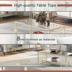 Modern 3-Piece Table Sets, Metal with Stained White Tempered Glass, 2-Tier End Table + Side Table + Coffee Table, Gold by ANBAZAR -ANBAZAR Sales gold anbazar end side tables d 001261 w 4f 1000