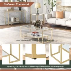 Modern 3-Piece Table Sets, Metal with Stained White Tempered Glass, 2-Tier End Table + Side Table + Coffee Table, Gold by ANBAZAR -ANBAZAR Sales gold anbazar end side tables d 001261 w c3 1000