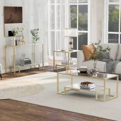 Modern 3-Piece Table Sets, Metal with Stained White Tempered Glass, 2-Tier End Table + Side Table + Coffee Table, Gold by ANBAZAR -ANBAZAR Sales gold anbazar end side tables d 001261 w e1 1000