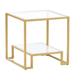 22 in. Minimalist Square Glass End Table, Metal with Stained White Tempered Glass, 2-Tier Sofa Side Table, Gold by ANBAZAR