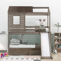 Antique Grey Wood House-shaped Bunk Bed with Slide, Twin Over Twin Wood Bunk Bed, Low Playhouse Bunk Bed with Drawers by ANBAZAR -ANBAZAR Sales gray anbazar bunk beds 00321anna 1f 1000