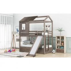 Antique Grey Wood House-shaped Bunk Bed with Slide, Twin Over Twin Wood Bunk Bed, Low Playhouse Bunk Bed with Drawers by ANBAZAR -ANBAZAR Sales gray anbazar bunk beds 00321anna 31 1000
