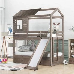 Antique Grey Wood House-shaped Bunk Bed with Slide, Twin Over Twin Wood Bunk Bed, Low Playhouse Bunk Bed with Drawers by ANBAZAR -ANBAZAR Sales gray anbazar bunk beds 00321anna 44 1000