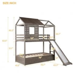 Antique Grey Wood House-shaped Bunk Bed with Slide, Twin Over Twin Wood Bunk Bed, Low Playhouse Bunk Bed with Drawers by ANBAZAR -ANBAZAR Sales gray anbazar bunk beds 00321anna 4f 1000