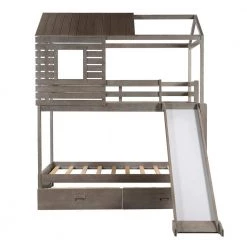 Antique Grey Wood House-shaped Bunk Bed with Slide, Twin Over Twin Wood Bunk Bed, Low Playhouse Bunk Bed with Drawers by ANBAZAR