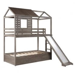 Antique Grey Wood House-shaped Bunk Bed with Slide, Twin Over Twin Wood Bunk Bed, Low Playhouse Bunk Bed with Drawers by ANBAZAR -ANBAZAR Sales gray anbazar bunk beds 00321anna c3 1000