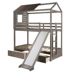 Antique Grey Wood House-shaped Bunk Bed with Slide, Twin Over Twin Wood Bunk Bed, Low Playhouse Bunk Bed with Drawers by ANBAZAR -ANBAZAR Sales gray anbazar bunk beds 00321anna fa 1000