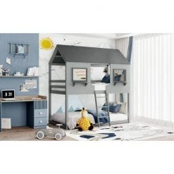 Twin Over Twin Gray Wood House Bunk Bed with Roof and Ladder by ANBAZAR 17 Twin Over Twin Gray Wood House Bunk Bed with Roof and Ladder by ANBAZAR -ANBAZAR Sales gray anbazar bunk beds 00455anna 31 1000