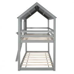 Twin Over Twin Gray Wood House Bunk Bed with Roof and Ladder by ANBAZAR 12 Twin Over Twin Gray Wood House Bunk Bed with Roof and Ladder by ANBAZAR -ANBAZAR Sales gray anbazar bunk beds 00455anna 4f 1000