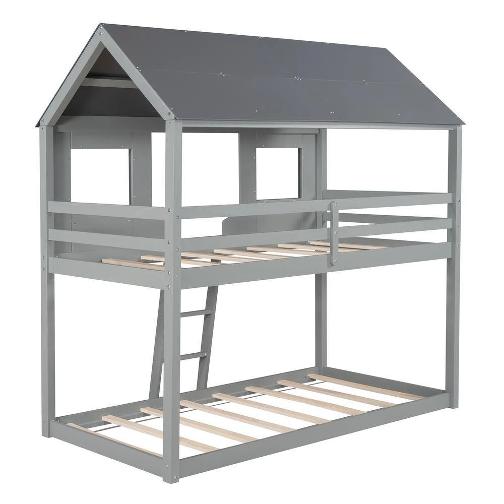 Twin Over Twin Gray Wood House Bunk Bed with Roof and Ladder by ANBAZAR 3 Twin Over Twin Gray Wood House Bunk Bed with Roof and Ladder by ANBAZAR - Image 3