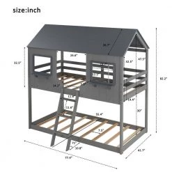 Multi-functional Twin Size Gray Wood Bunk Bed with Roof, Window and Ladder by ANBAZAR -ANBAZAR Sales gray anbazar bunk beds 00456anna 1f 1000
