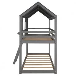 Multi-functional Twin Size Gray Wood Bunk Bed with Roof, Window and Ladder by ANBAZAR -ANBAZAR Sales gray anbazar bunk beds 00456anna 44 1000