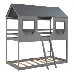 Multi-functional Twin Size Gray Wood Bunk Bed with Roof, Window and Ladder by ANBAZAR -ANBAZAR Sales gray anbazar bunk beds 00456anna 4f 1000