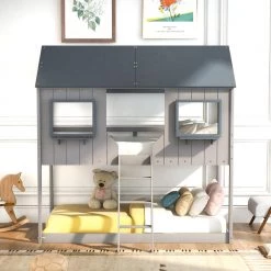 Multi-functional Twin Size Gray Wood Bunk Bed with Roof, Window and Ladder by ANBAZAR