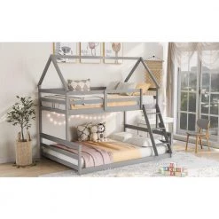 Gray Twin Over Full Wood House Bunk Bed with Triangle Roof, Farmhouse Style Low Kids Bunk Beds, No Box Spring Needed by ANBAZAR -ANBAZAR Sales gray anbazar bunk beds 01031anna e 31 1000