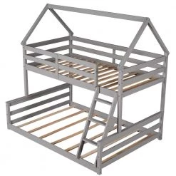 Gray Twin Over Full Wood House Bunk Bed with Triangle Roof, Farmhouse Style Low Kids Bunk Beds, No Box Spring Needed by ANBAZAR -ANBAZAR Sales gray anbazar bunk beds 01031anna e 44 1000
