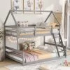 Gray Twin Over Full Wood House Bunk Bed with Triangle Roof, Farmhouse Style Low Kids Bunk Beds, No Box Spring Needed by ANBAZAR