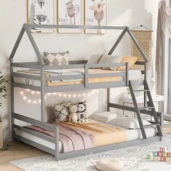 Gray Twin Over Full Wood House Bunk Bed with Triangle Roof, Farmhouse Style Low Kids Bunk Beds, No Box Spring Needed by ANBAZAR