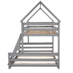 Gray Twin Over Full Wood House Bunk Bed with Triangle Roof, Farmhouse Style Low Kids Bunk Beds, No Box Spring Needed by ANBAZAR -ANBAZAR Sales gray anbazar bunk beds 01031anna e 76 1000