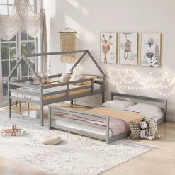 Gray Twin Over Full Wood House Bunk Bed with Triangle Roof, Farmhouse Style Low Kids Bunk Beds, No Box Spring Needed by ANBAZAR -ANBAZAR Sales gray anbazar bunk beds 01031anna e c3 1000