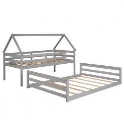 Gray Twin Over Full Wood House Bunk Bed with Triangle Roof, Farmhouse Style Low Kids Bunk Beds, No Box Spring Needed by ANBAZAR -ANBAZAR Sales gray anbazar bunk beds 01031anna e fa 1000